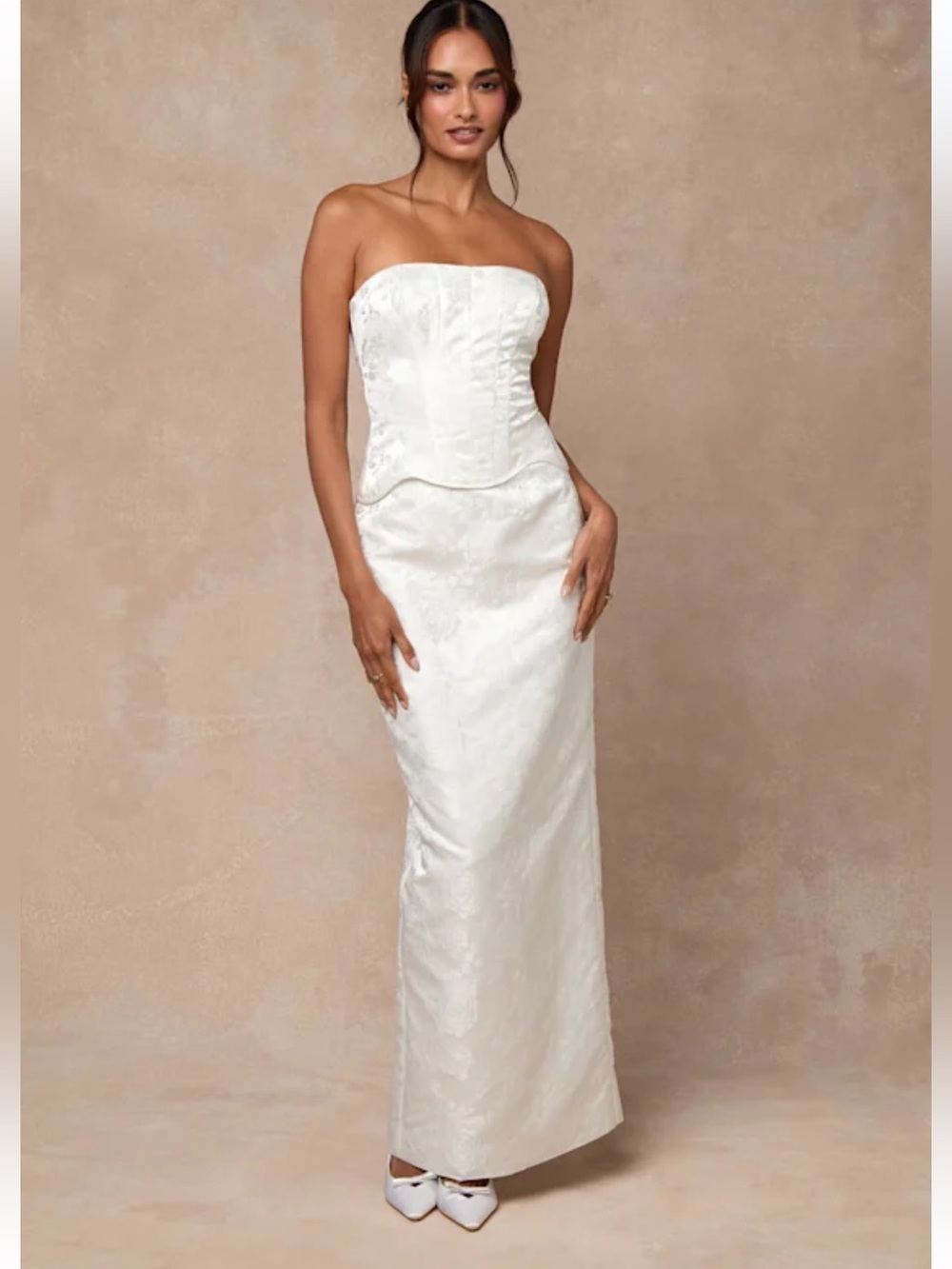 Melva White Satin Jacquard Two-Piece Bustier Maxi Dress